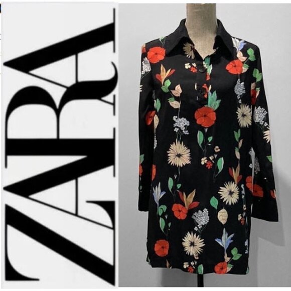 ZARA Black Floral Long Sleeve Dress - Picture 6 of 16